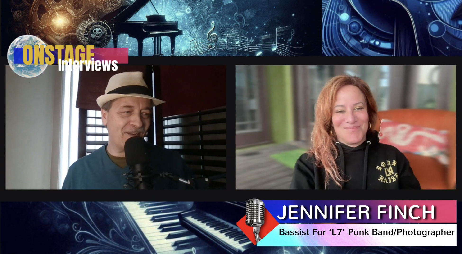 Photo of Chris Roberts interviewing Jennifer Finch for the ONSTAGE Music Podcast